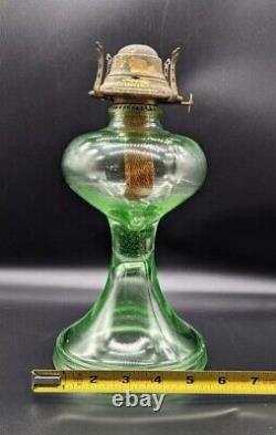 Antique Hourglass Shape Vaseline Uranium Glass Oil Lamp withBanner Burner Glows
