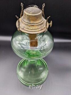 Antique Hourglass Shape Vaseline Uranium Glass Oil Lamp withBanner Burner Glows