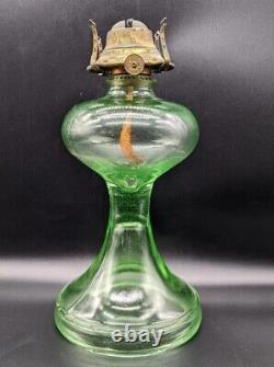 Antique Hourglass Shape Vaseline Uranium Glass Oil Lamp withBanner Burner Glows