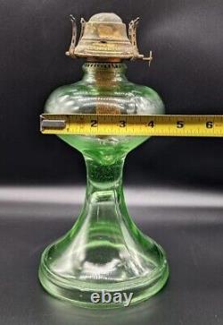 Antique Hourglass Shape Vaseline Uranium Glass Oil Lamp withBanner Burner Glows