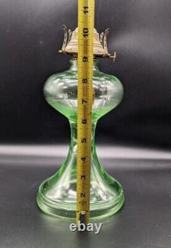 Antique Hourglass Shape Vaseline Uranium Glass Oil Lamp withBanner Burner Glows