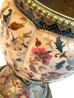 Antique Hungarian Zsolnay Oil Lamp Base Brass Base Persian Floral Porcelain Urn