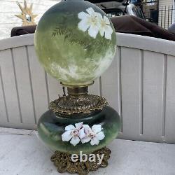 Antique Hurricane Gone With The Wind Victorian Parlor Lamp. Green WithFlowers