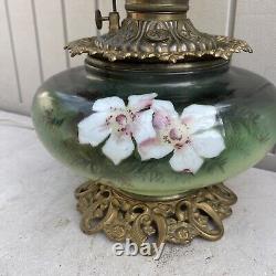 Antique Hurricane Gone With The Wind Victorian Parlor Lamp. Green WithFlowers