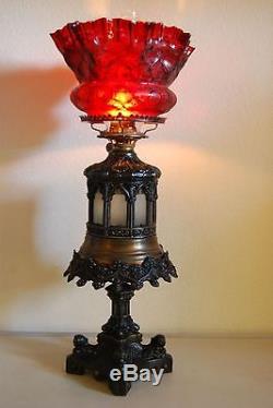 Antique Iden Gothic Boston Sandwich Ruby Red Glass Shade Kerosene Oil Gwtw Lamp