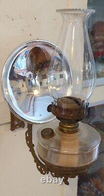 Antique Iron Metal Oil Lamp Wall Bracket with RARE Mercury Glass Reflector Light