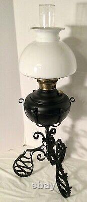 Antique JUNO Wrought Iron Oil Lamp Patent Date1895 Unusual glass Lamp Shade 29