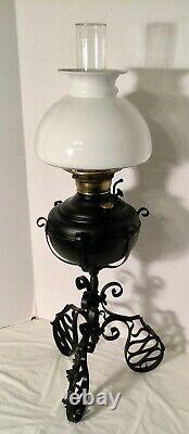 Antique JUNO Wrought Iron Oil Lamp Patent Date1895 Unusual glass Lamp Shade 29