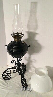 Antique JUNO Wrought Iron Oil Lamp Patent Date1895 Unusual glass Lamp Shade 29