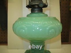 Antique Jadite Green Embossed Glass Kerosene Oil Lamp Complete SUPER WOW