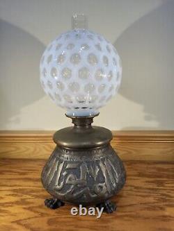 Antique Japanese Asian Hammered Bronze Oil Lamp Dragon Feet Duplex Burner 19th C