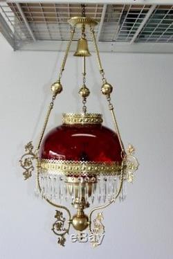 Antique John Scott Hanging Oil Lamp with Ruby Red Glass Shade