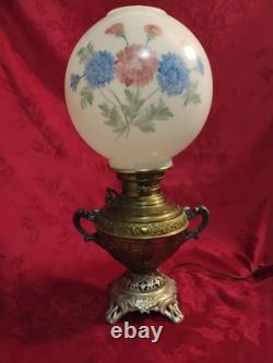 Antique Juno Electrified Oil Lamp Ornate Brass Base Glass Handpainted Shade
