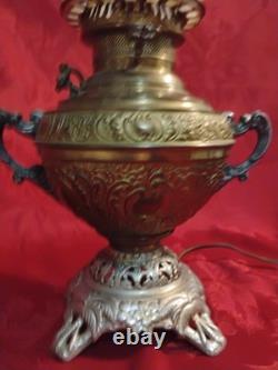 Antique Juno Electrified Oil Lamp Ornate Brass Base Glass Handpainted Shade