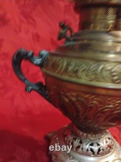 Antique Juno Electrified Oil Lamp Ornate Brass Base Glass Handpainted Shade