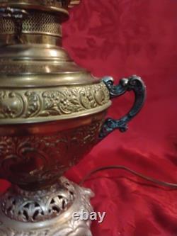 Antique Juno Electrified Oil Lamp Ornate Brass Base Glass Handpainted Shade