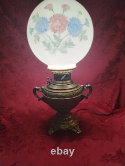 Antique Juno Electrified Oil Lamp Ornate Brass Base Glass Handpainted Shade