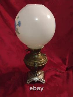 Antique Juno Electrified Oil Lamp Ornate Brass Base Glass Handpainted Shade