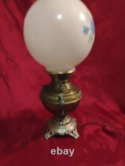 Antique Juno Electrified Oil Lamp Ornate Brass Base Glass Handpainted Shade