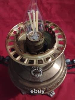 Antique Juno Electrified Oil Lamp Ornate Brass Base Glass Handpainted Shade
