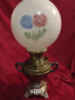 Antique Juno Electrified Oil Lamp Ornate Brass Base Glass Handpainted Shade