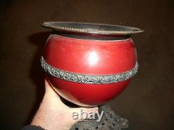 Antique Juno oil lamp fiery deco red with ornate trim, never electrified