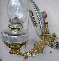 Antique Kerosene Gold Cast Iron Wall Bracket Oil Lamp Glass 8 Mercury Reflector