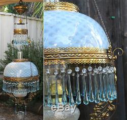 Antique Kerosene LAMP Bradley Hubbard Oil Chandelier brass hanging Glass blue