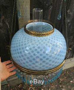 Antique Kerosene LAMP Bradley Hubbard Oil Chandelier brass hanging Glass blue