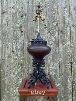 Antique Kerosene Oil B&h Chinese Dragon Burgundy Red Gilded Victorian Lamp