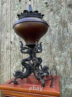 Antique Kerosene Oil B&h Chinese Dragon Burgundy Red Gilded Victorian Lamp