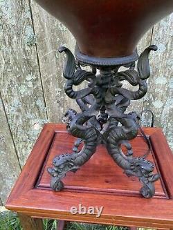 Antique Kerosene Oil B&h Chinese Dragon Burgundy Red Gilded Victorian Lamp