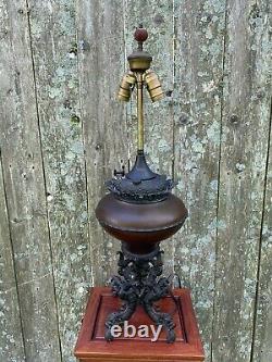 Antique Kerosene Oil B&h Chinese Dragon Burgundy Red Gilded Victorian Lamp