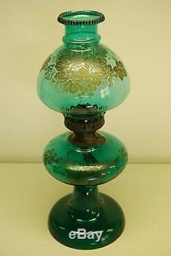 Antique Kerosene Oil Banquet Emerald Green Sandwich Riverside Glass Lamp