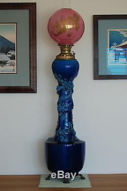 Antique Kerosene Oil Gwtw Chinese Japanese Dragon Awaji Banquet Victorian Lamp