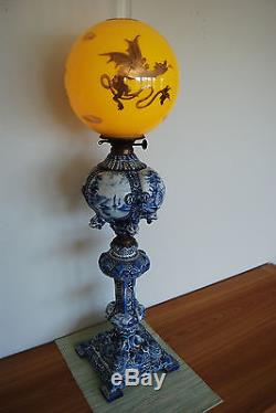 Antique Kerosene Oil Gwtw Delft Majolica Porcelain Chinese Japanese Dragon Lamp