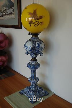 Antique Kerosene Oil Gwtw Delft Majolica Porcelain Chinese Japanese Dragon Lamp