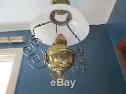 Antique Kerosene Oil Hanging Lamp Milk Glass Brass Electrified Light Fixture