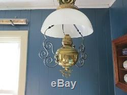 Antique Kerosene Oil Hanging Lamp Milk Glass Brass Electrified Light Fixture