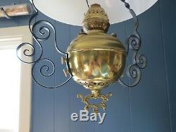 Antique Kerosene Oil Hanging Lamp Milk Glass Brass Electrified Light Fixture