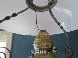 Antique Kerosene Oil Hanging Lamp Milk Glass Brass Electrified Light Fixture