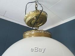 Antique Kerosene Oil Hanging Lamp Milk Glass Brass Electrified Light Fixture