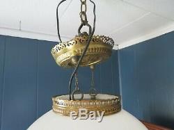 Antique Kerosene Oil Hanging Lamp Milk Glass Brass Electrified Light Fixture