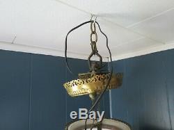 Antique Kerosene Oil Hanging Lamp Milk Glass Brass Electrified Light Fixture