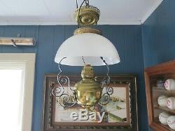 Antique Kerosene Oil Hanging Lamp Milk Glass Brass Electrified Light Fixture