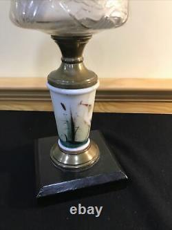 Antique Kerosene Oil Lamp Hand Painted STORK CATTAILS Composite Cast Iron