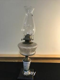 Antique Kerosene Oil Lamp Hand Painted STORK CATTAILS Composite Cast Iron