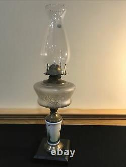 Antique Kerosene Oil Lamp Hand Painted STORK CATTAILS Composite Cast Iron