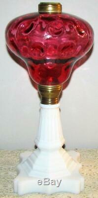 Antique Kerosene or Oil Stand Lamp Cranberry Glass Inverted Thumbprint Coin Dot