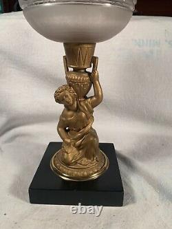 Antique Kneeling Lady Figural Kerosene Oil Lamp Fancy Foot 22&1/4 Tall c1880